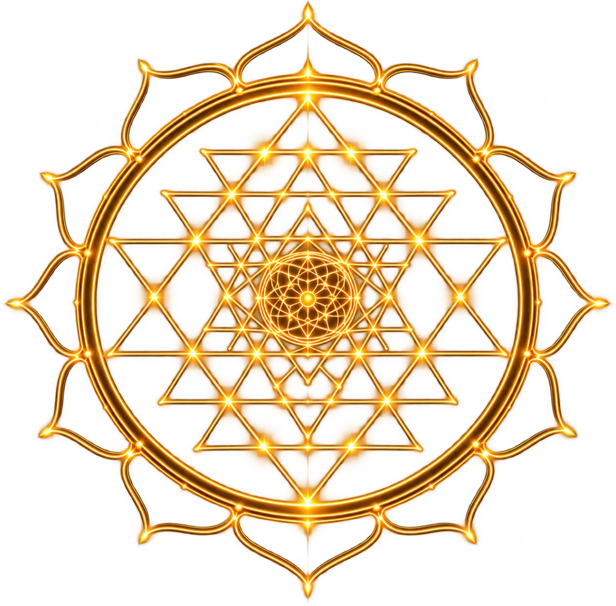 Glowing golden Sri Yantra with a lotus-petal border, the sacred geometry behind Vastu