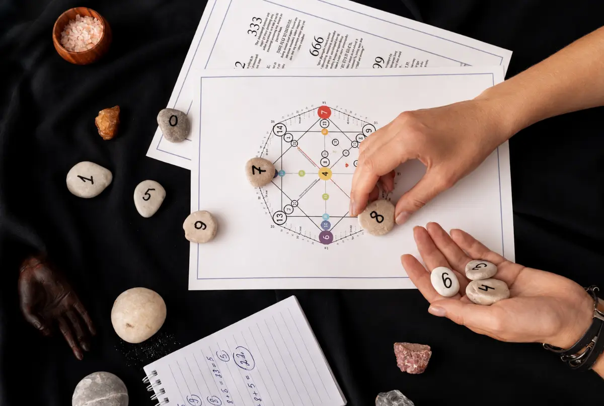 Hands placing numbered stones on a numerology chart, with handwritten calculations and crystals nearby