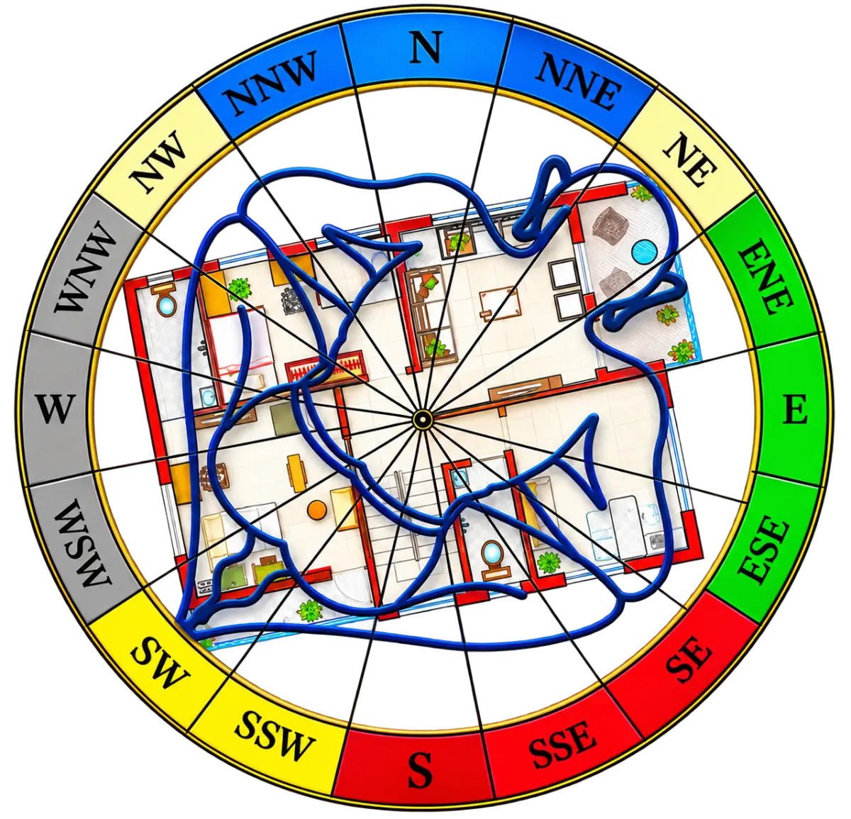 Vastu compass wheel overlaid on a home floor plan, showing directional zones