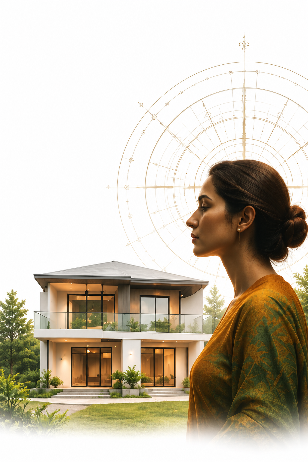 Woman looking toward a modern home, with an astrological chart overlay behind her