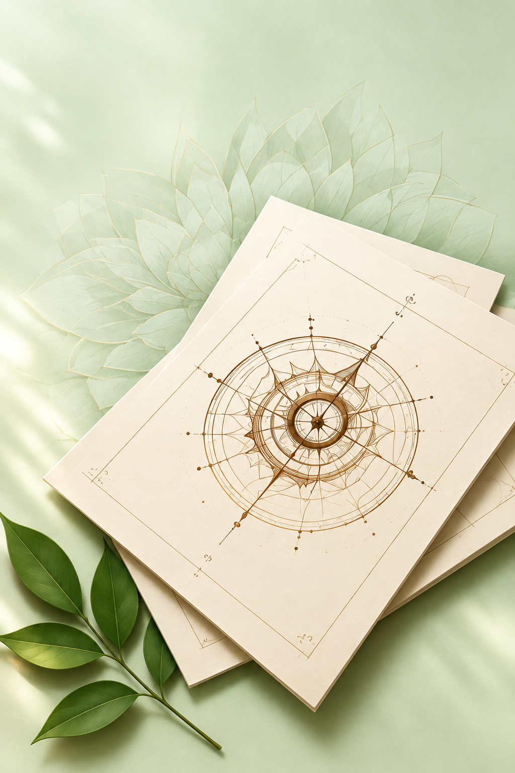 Compass chart papers with a sprig of leaves on a soft green surface